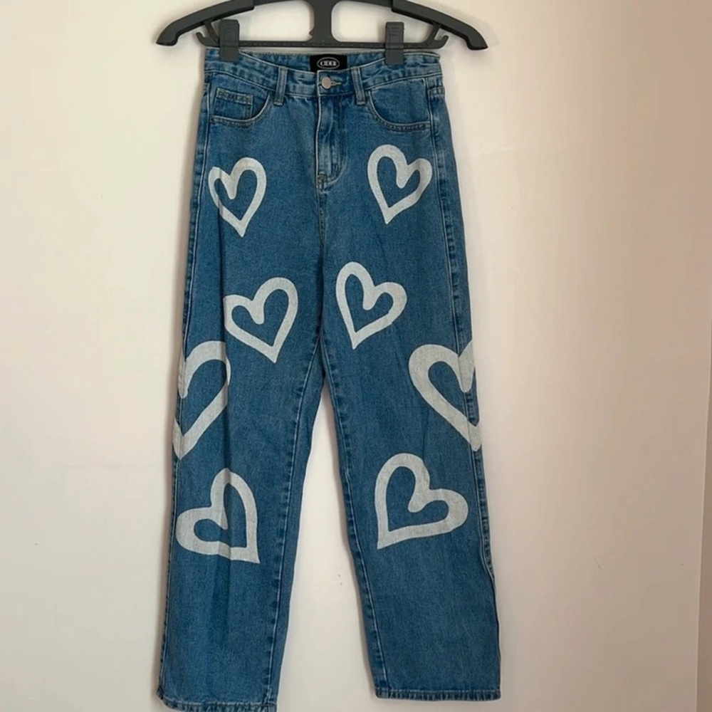 Cider Denim Heart Pattern Straight Leg Jeans